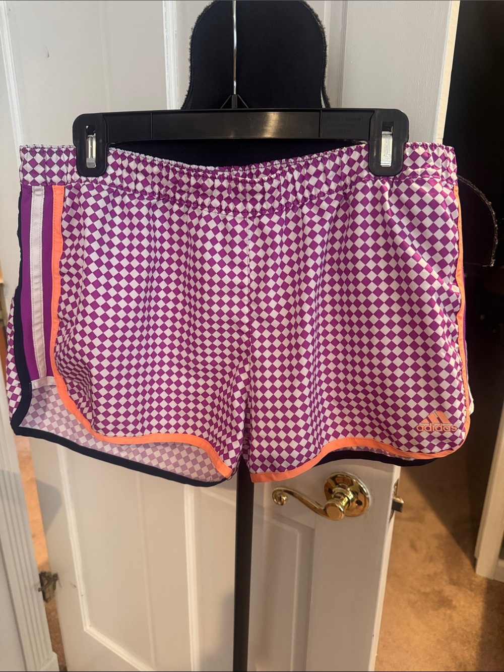adidas Purple Checkerboard Athletic Shorts with Orange Trim